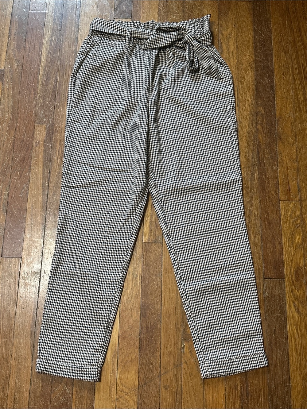 High-Waist Houndstooth Paperbag Pants, Taper Leg, Medium